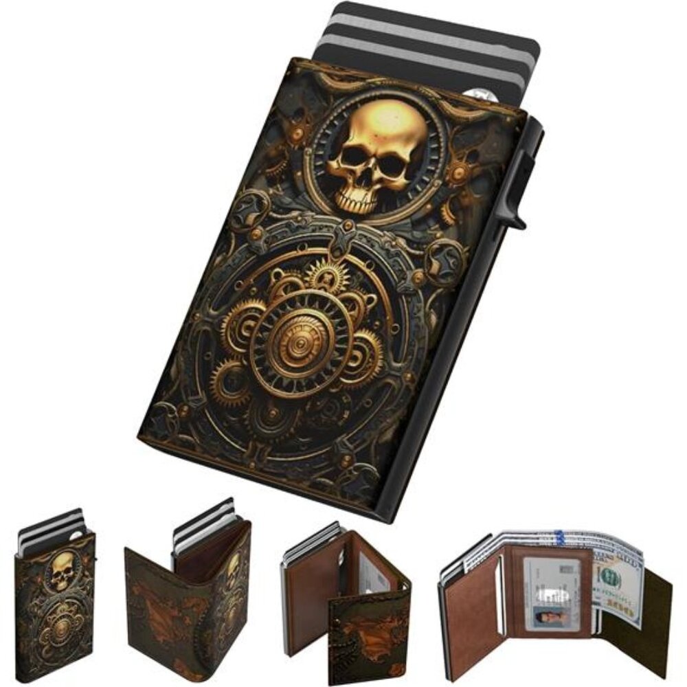 Mens Wallet Card Holder: Pop Up Aluminum Case, Carbon Fiber Leather